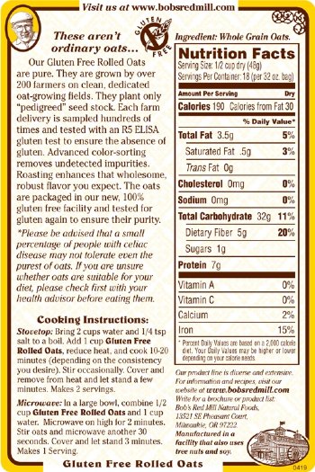 bob 39 s red mill rolled oats gluten free 32oz oats nutrition facts